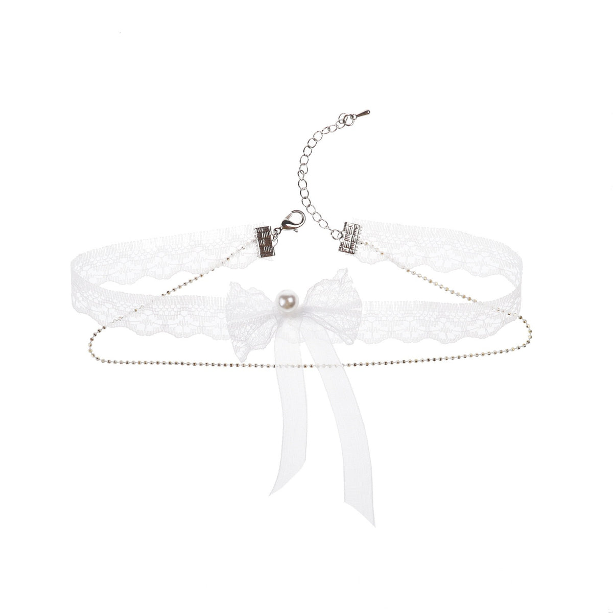 Collier pour femme au style féerique et doux : dentelle blanche délicate, perles et nœud en superposition, style ras-du-cou (chaîne de clavicule)