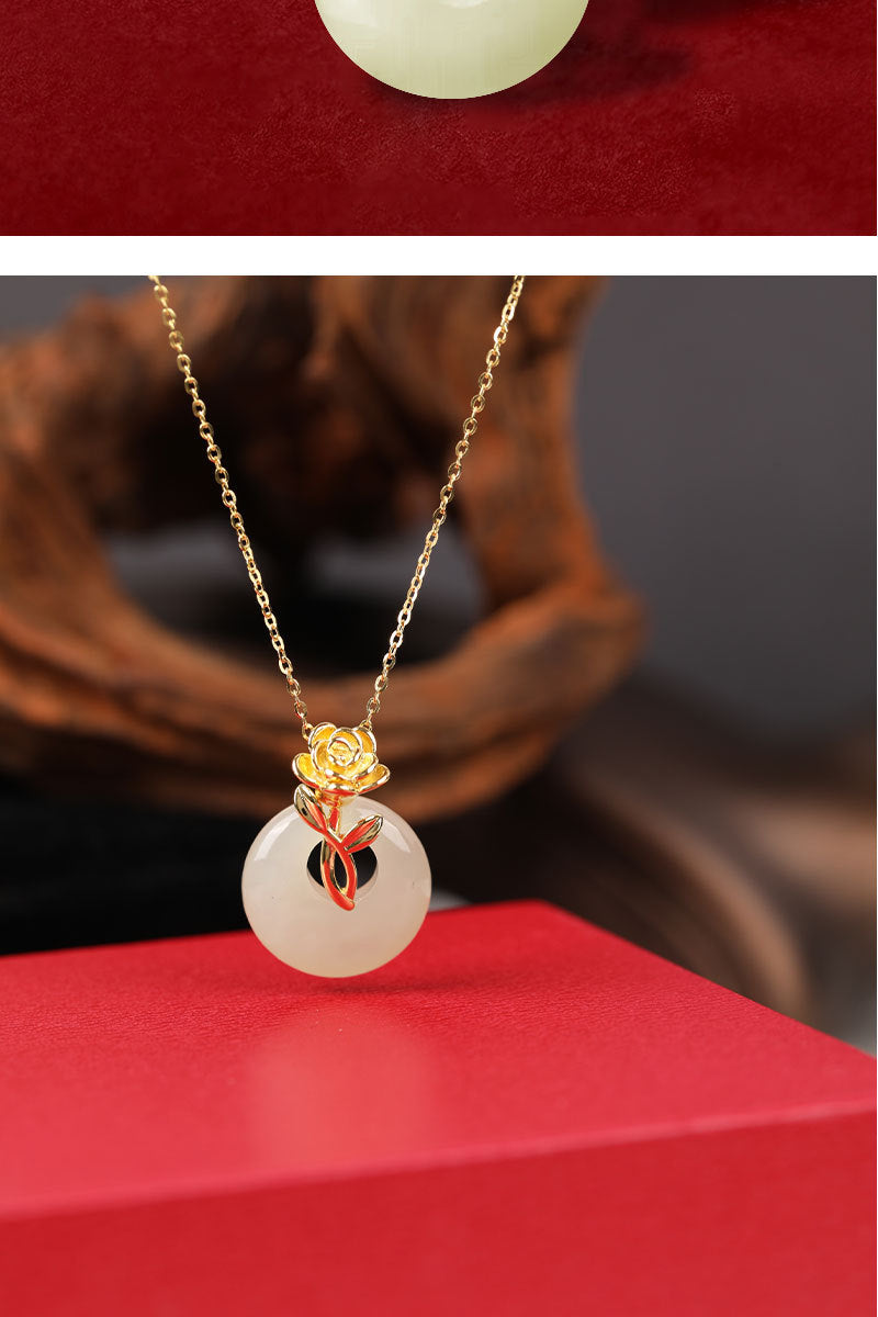 Classic S925 Sterling Silver Necklace for Women, New Chinoiserie Rose and Field Jade Pendant, Simple Accessible Luxury Niche Accessories
