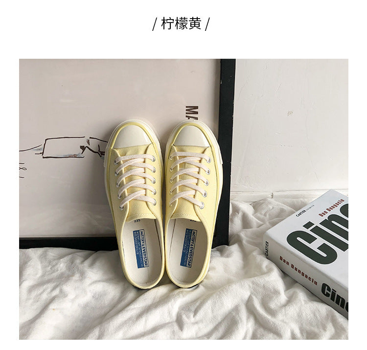 Mules en toile pour femme – Style coréen polyvalent 2025 – Slip-on sans talon façon « chaussons » tendance pour étudiantes