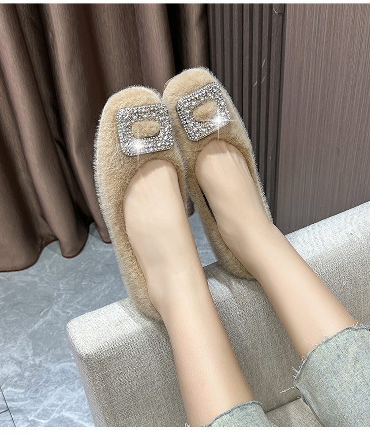Nouvelles chaussures d'hiver fourrées pour femmes (2025) – Style coréen, bout carré, doublure en polaire et détails en strass, chaussures en coton pour femmes