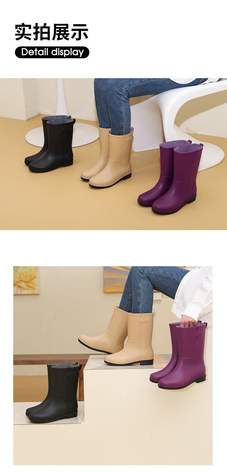 Bottes de pluie tendance pour femmes, hauteur mi-mollet, doublées de velours, antidérapantes et imperméables