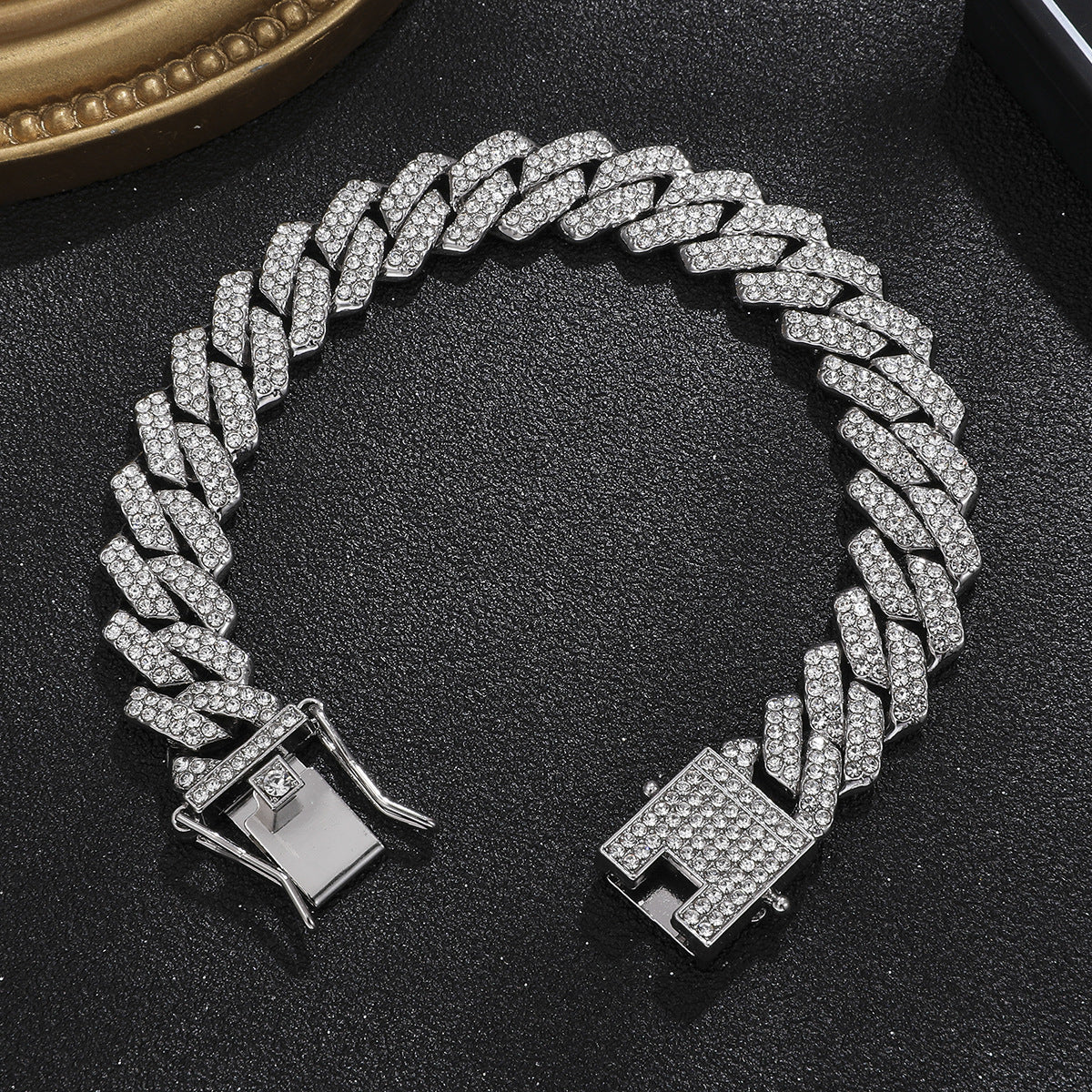 [Bross-Border Hot Item] 16-Piece Set of Various Diamond-Encrusted Watches, Diamond-Shaped Cuban Bracelets and Necklaces, Three-Piece Set