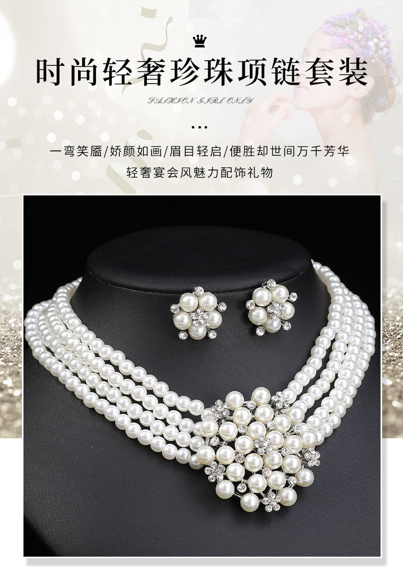 Cross-border Jewelry suit Women's Multi-row Pearl Necklace Earrings Three-piece Bridal Wedding Dress Accessories All-match Factory