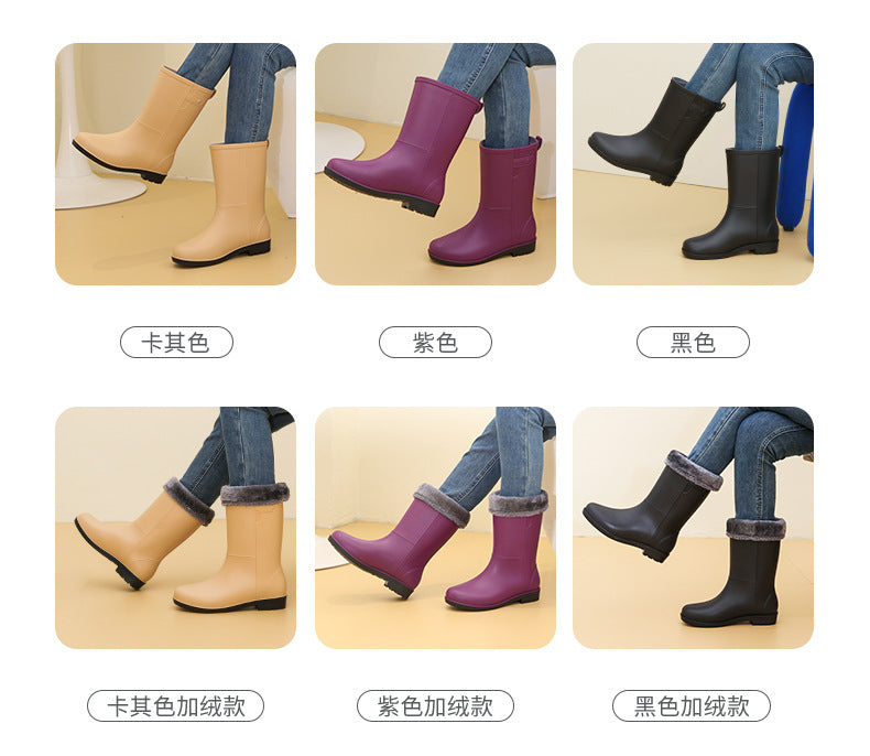 Bottes de pluie tendance pour femmes, hauteur mi-mollet, doublées de velours, antidérapantes et imperméables