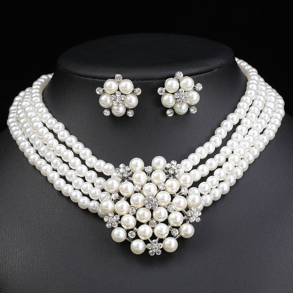 Cross-border Jewelry suit Women's Multi-row Pearl Necklace Earrings Three-piece Bridal Wedding Dress Accessories All-match Factory