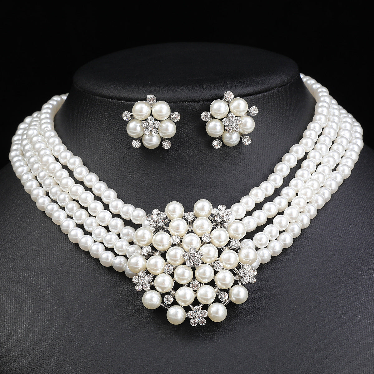 Cross-border Jewelry suit Women's Multi-row Pearl Necklace Earrings Three-piece Bridal Wedding Dress Accessories All-match Factory