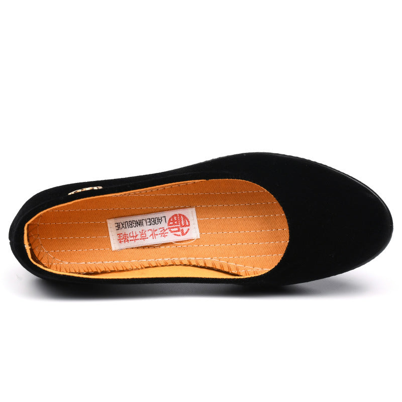 Chaussures noires en polyuréthane pour femme : semelles épaisses et talons compensés – Adaptées aux cérémonies ou au travail (hôtellerie) – Style traditionnel « Vieux Pékin »