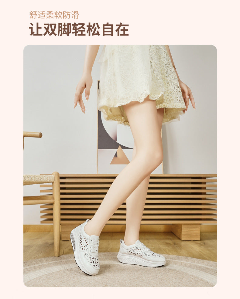 Baskets blanches populaires pour femme : modèle « rocking » (semelle incurvée) respirant – Idéales pour le sport et la marche (printemps/automne) – Semelles épaisses