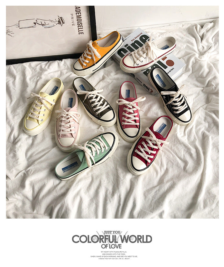 Mules en toile pour femme – Style coréen polyvalent 2025 – Slip-on sans talon façon « chaussons » tendance pour étudiantes
