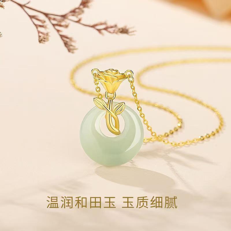 Classic S925 Sterling Silver Necklace for Women, New Chinoiserie Rose and Field Jade Pendant, Simple Accessible Luxury Niche Accessories