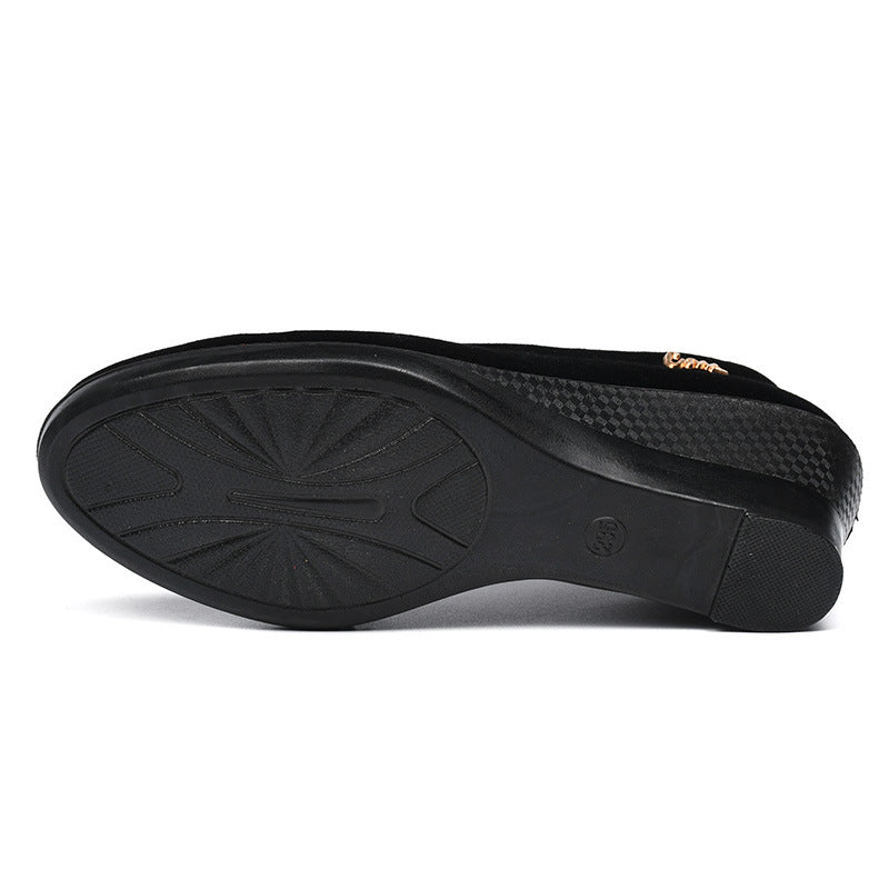 Chaussures noires en polyuréthane pour femme : semelles épaisses et talons compensés – Adaptées aux cérémonies ou au travail (hôtellerie) – Style traditionnel « Vieux Pékin »