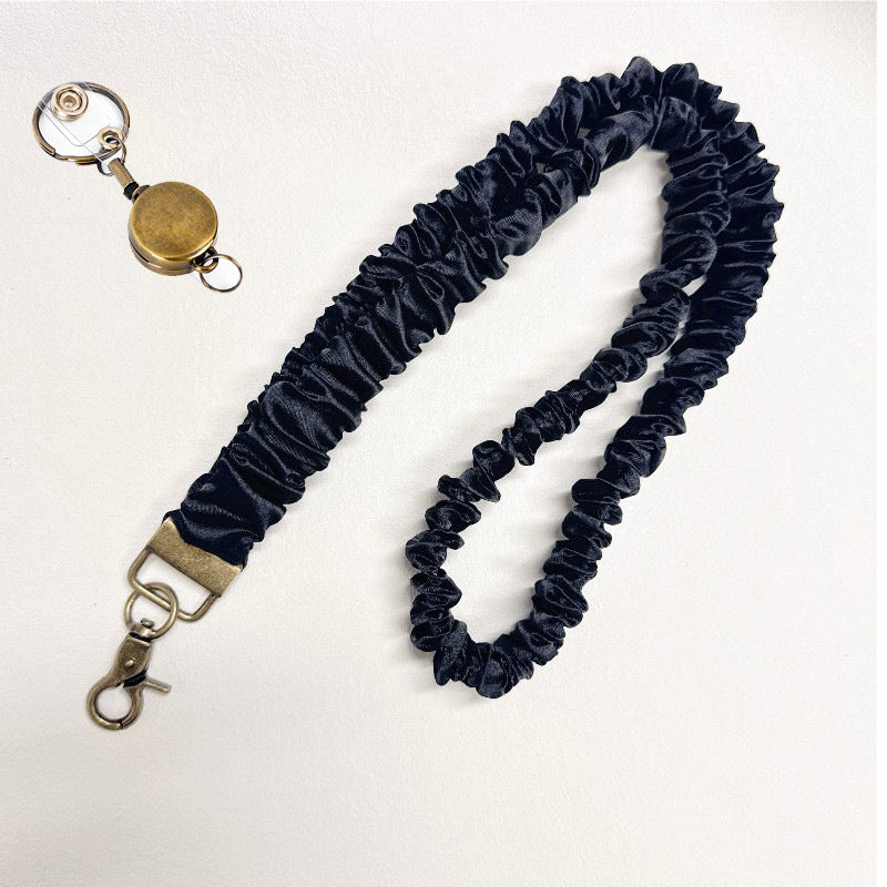 Long Mobile Phone Lanyard with a Neck-Hanging Design, Handmade Sturdy Pleated Fabric Phone Strap with Metal Buckle and Elastic Decorative Chain