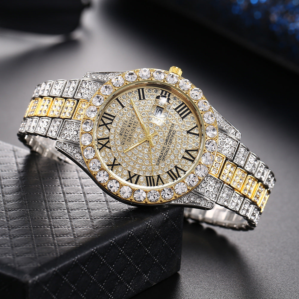 [Bross-Border Hot Item] 16-Piece Set of Various Diamond-Encrusted Watches, Diamond-Shaped Cuban Bracelets and Necklaces, Three-Piece Set