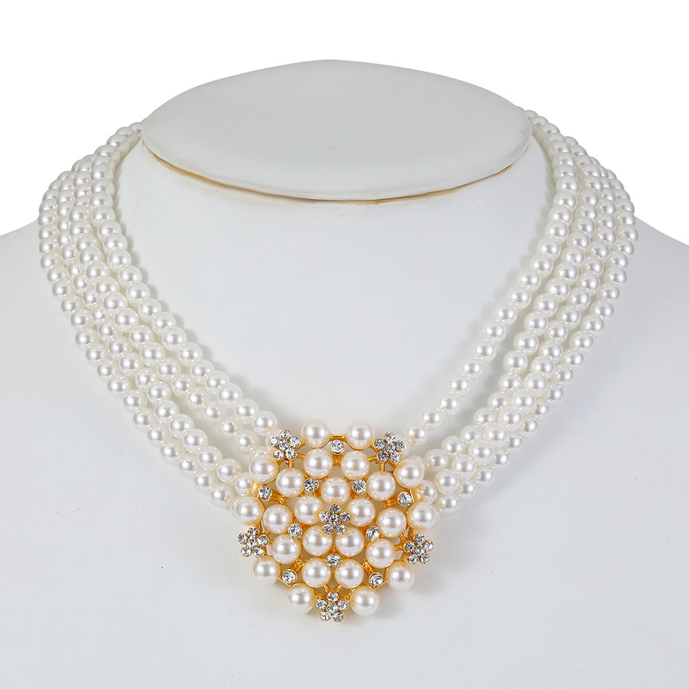 Cross-border Jewelry suit Women's Multi-row Pearl Necklace Earrings Three-piece Bridal Wedding Dress Accessories All-match Factory