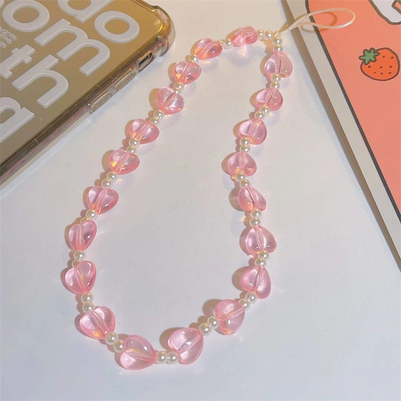 Pink Heart Love Pearl Beaded Mobile Phone Chain Girl's Heart Sweet and Cute Anti-lost Mobile Phone Lanyard Neck