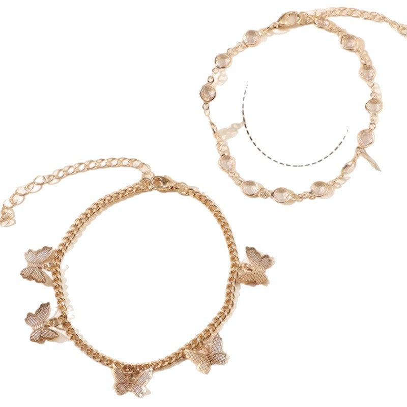 Bijou tendance style européen/américain – Bracelet de cheville double rang avec pendentif papillon en strass – Bijou de pied élégant et simple