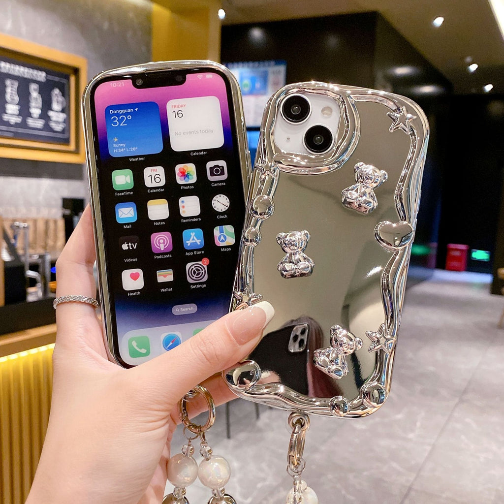 Electroplated Mirror iPhone16 Phone Case Love Bracelet Apple 15 Silver Bear 14 Anti-drop 13 Soft Case