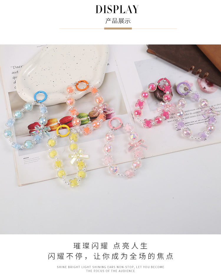 Japanese and Korean Ins Style Handmade Beaded Macaron Colorful Beads Mobile Phone Lanyard Flower Mobile Phone Chain Wrist Rope Wholesale