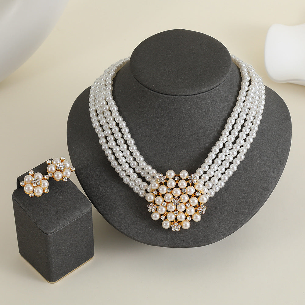Cross-border Jewelry suit Women's Multi-row Pearl Necklace Earrings Three-piece Bridal Wedding Dress Accessories All-match Factory
