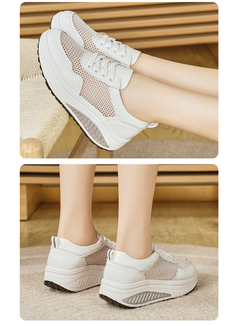 Baskets blanches populaires pour femme : modèle « rocking » (semelle incurvée) respirant – Idéales pour le sport et la marche (printemps/automne) – Semelles épaisses