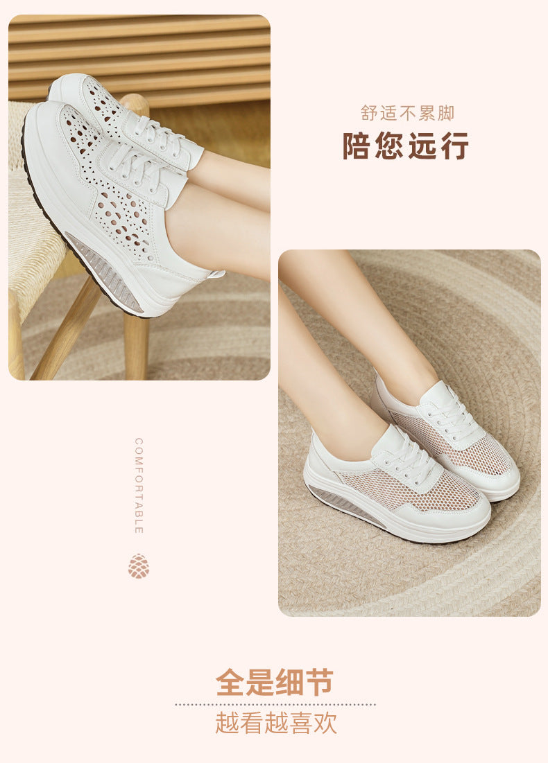 Baskets blanches populaires pour femme : modèle « rocking » (semelle incurvée) respirant – Idéales pour le sport et la marche (printemps/automne) – Semelles épaisses
