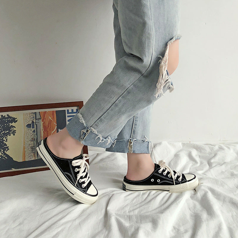 Mules en toile pour femme – Style coréen polyvalent 2025 – Slip-on sans talon façon « chaussons » tendance pour étudiantes