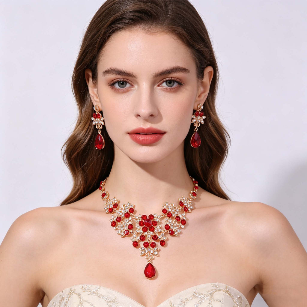 European Bride Necklace Earrings Rhinestone Jewelry Cross-border Bride Wedding Dress Modeling Shooting Water Drop Necklace Accessories