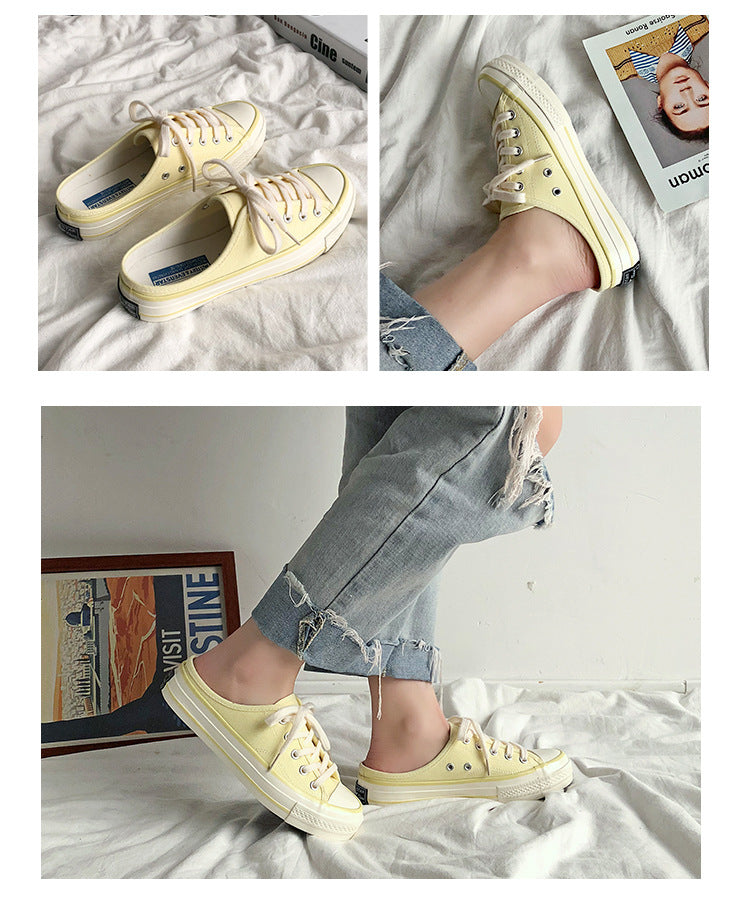 Mules en toile pour femme – Style coréen polyvalent 2025 – Slip-on sans talon façon « chaussons » tendance pour étudiantes