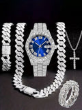 Hiphop Hip Hop Diamond Watch Five-Piece Diamond Cuban Chain Cross Necklace Cuban Ring Cross Border Wholesale