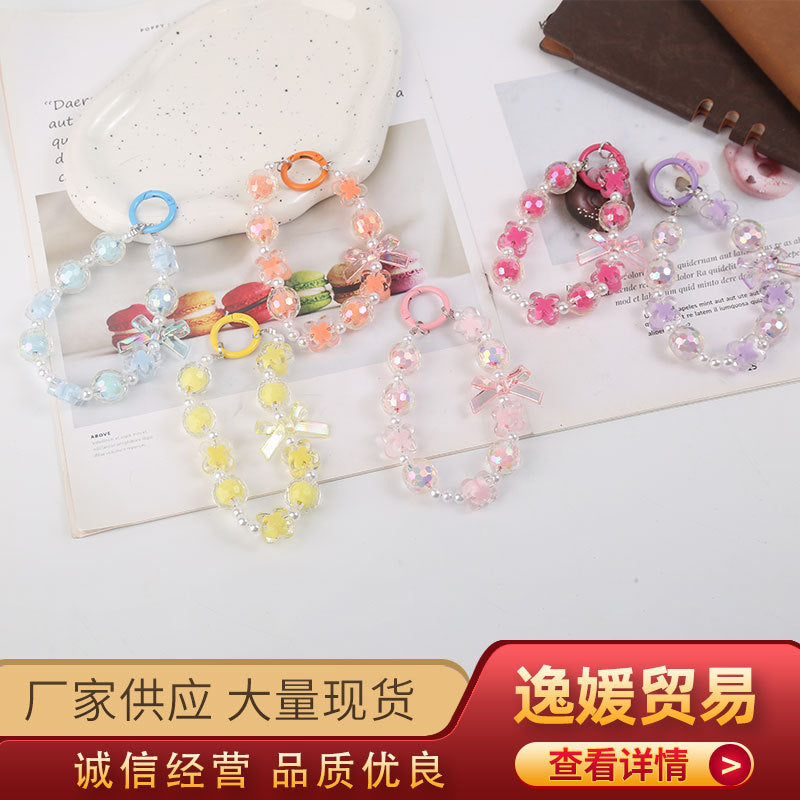 Japanese and Korean Ins Style Handmade Beaded Macaron Colorful Beads Mobile Phone Lanyard Flower Mobile Phone Chain Wrist Rope Wholesale