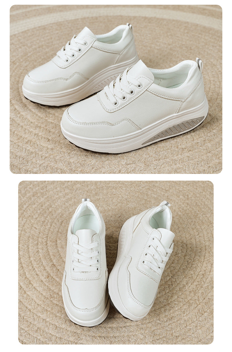 Baskets blanches populaires pour femme : modèle « rocking » (semelle incurvée) respirant – Idéales pour le sport et la marche (printemps/automne) – Semelles épaisses