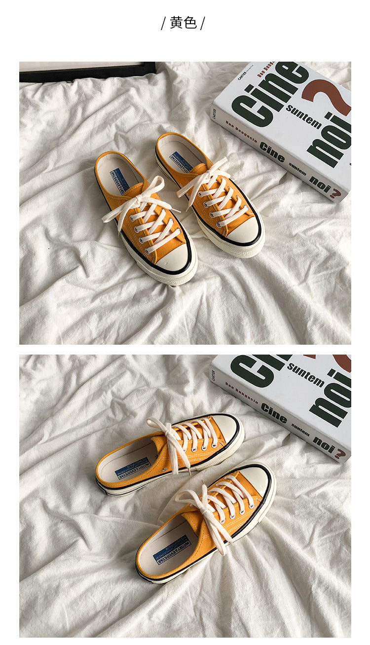 Mules en toile pour femme – Style coréen polyvalent 2025 – Slip-on sans talon façon « chaussons » tendance pour étudiantes