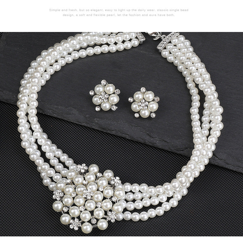 Cross-border Jewelry suit Women's Multi-row Pearl Necklace Earrings Three-piece Bridal Wedding Dress Accessories All-match Factory