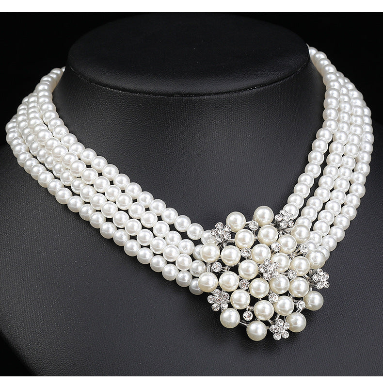 Cross-border Jewelry suit Women's Multi-row Pearl Necklace Earrings Three-piece Bridal Wedding Dress Accessories All-match Factory