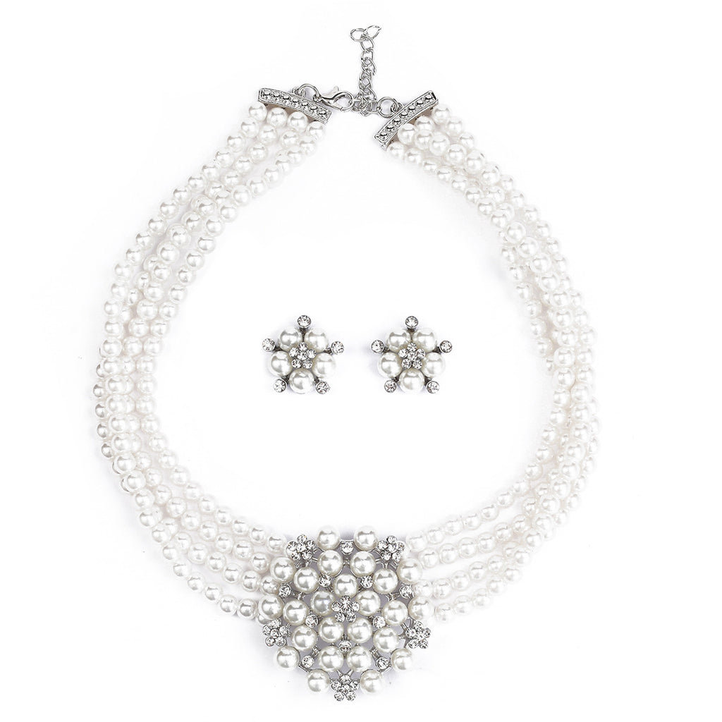 Cross-border Jewelry suit Women's Multi-row Pearl Necklace Earrings Three-piece Bridal Wedding Dress Accessories All-match Factory