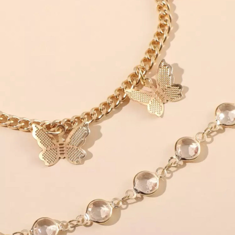 Bijou tendance style européen/américain – Bracelet de cheville double rang avec pendentif papillon en strass – Bijou de pied élégant et simple