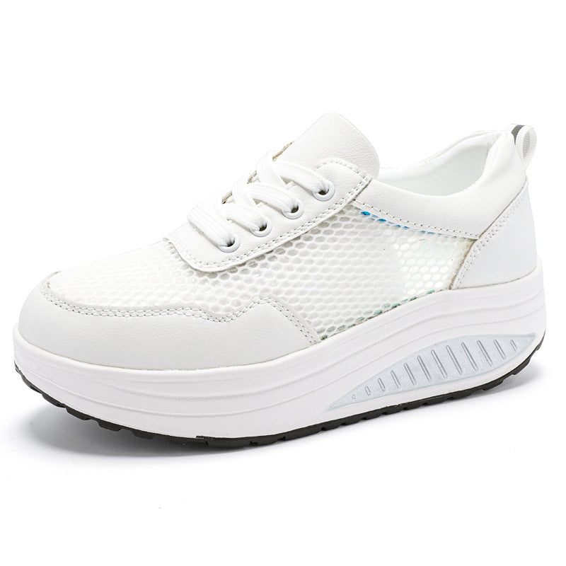 Baskets blanches populaires pour femme : modèle « rocking » (semelle incurvée) respirant – Idéales pour le sport et la marche (printemps/automne) – Semelles épaisses