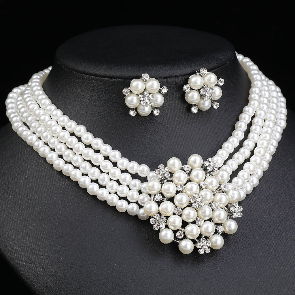 Cross-border Jewelry suit Women's Multi-row Pearl Necklace Earrings Three-piece Bridal Wedding Dress Accessories All-match Factory