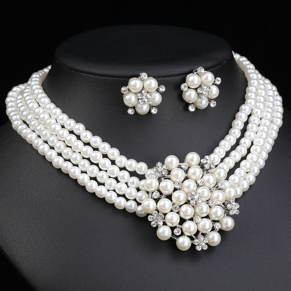 Cross-border Jewelry suit Women's Multi-row Pearl Necklace Earrings Three-piece Bridal Wedding Dress Accessories All-match Factory