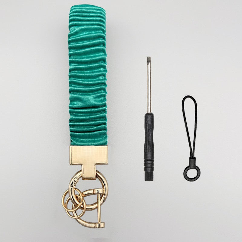 Long Mobile Phone Lanyard with a Neck-Hanging Design, Handmade Sturdy Pleated Fabric Phone Strap with Metal Buckle and Elastic Decorative Chain