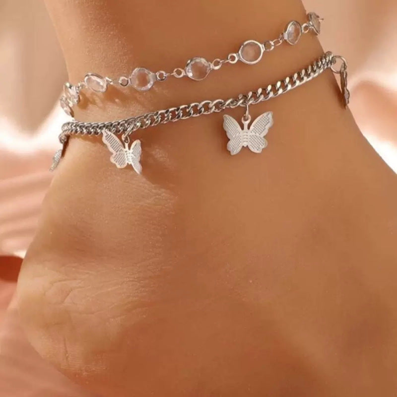 Bijou tendance style européen/américain – Bracelet de cheville double rang avec pendentif papillon en strass – Bijou de pied élégant et simple