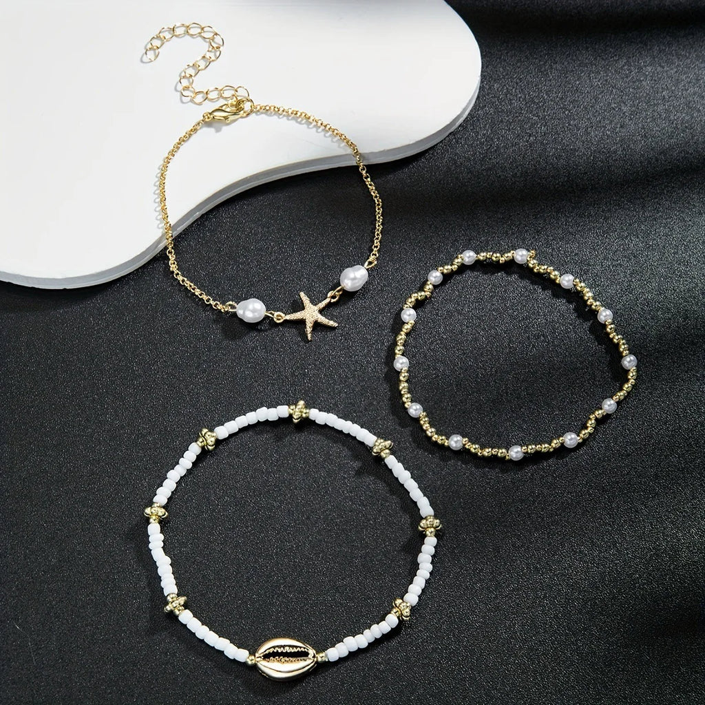 Chaînes de cheville de Style bohème pour femmes, accessoires de pied à trois couches avec perles de riz, coquillages et étoile de mer