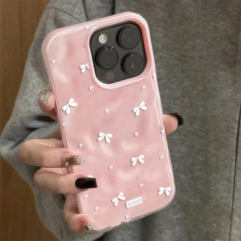 Coque de téléphone Coquette avec nœuds blancs pour iPhone 15 11 12 13 Plus 14 16 17 Pro Max 17 Air, motif perles mignonnes, ondulée, souple et antichoc