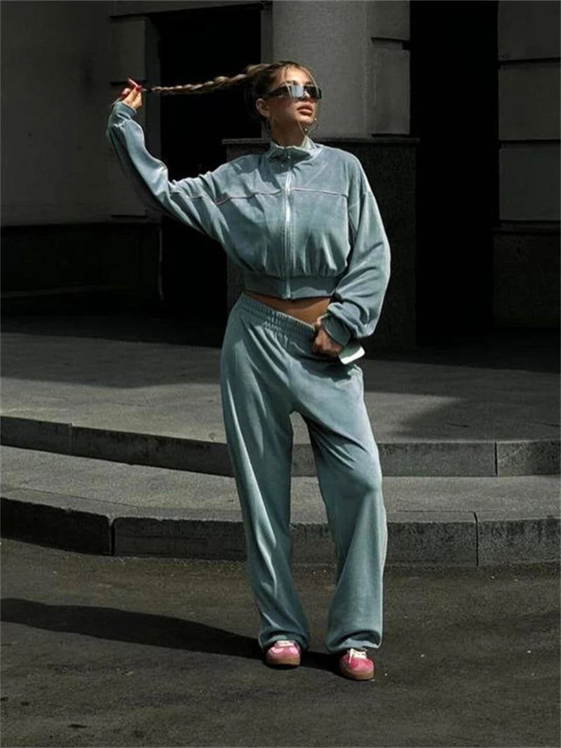 Ensemble 2 pièces en velours pour femme, vêtements d'automne 2026, sweat-shirt zippé et pantalon long, ensemble décontracté, survêtement en velours pour femme.