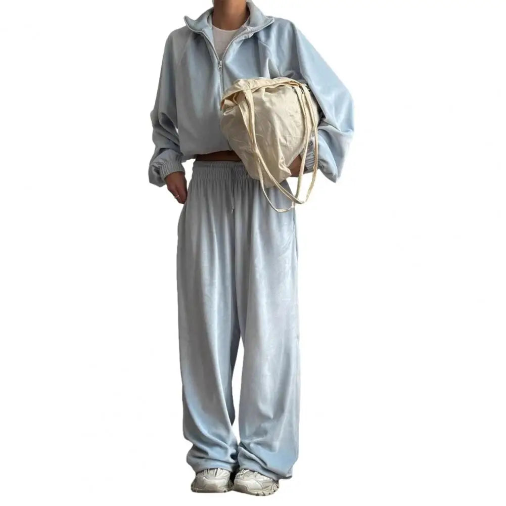 Ensemble de survêtement en velours pour femme, deux pièces, veste courte zippée et pantalon long, tenue décontractée pour femme ﻿