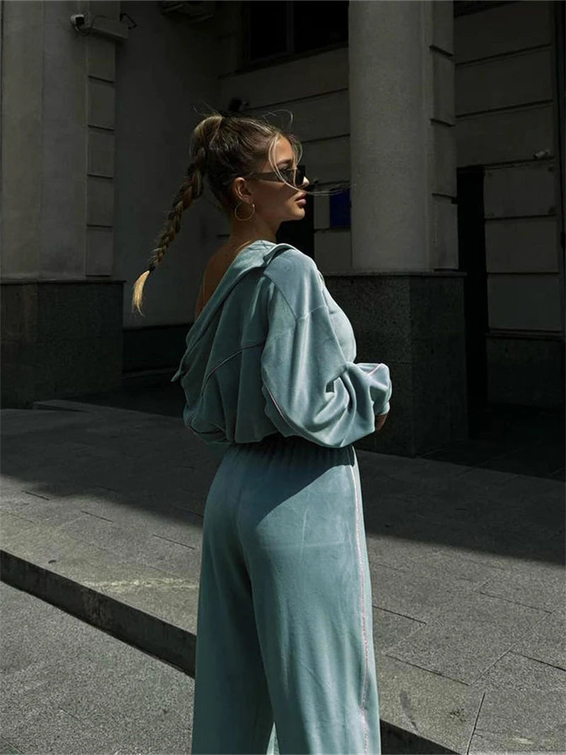 Ensemble 2 pièces en velours pour femme, vêtements d'automne 2026, sweat-shirt zippé et pantalon long, ensemble décontracté, survêtement en velours pour femme.
