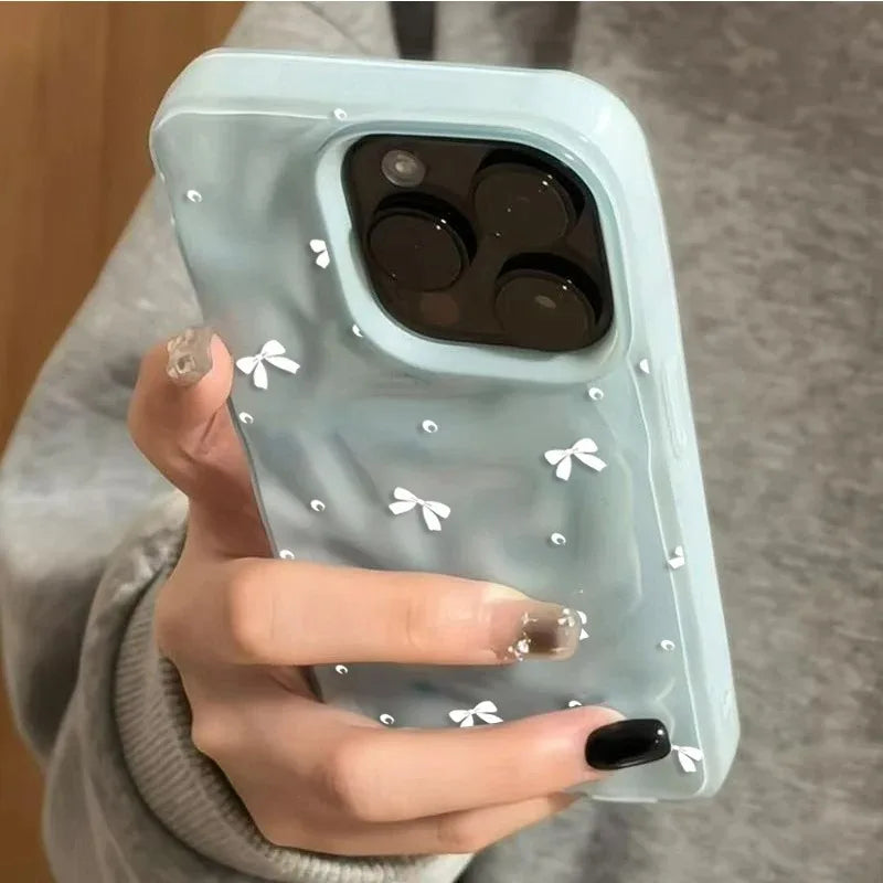 Coque de téléphone Coquette avec nœuds blancs pour iPhone 15 11 12 13 Plus 14 16 17 Pro Max 17 Air, motif perles mignonnes, ondulée, souple et antichoc