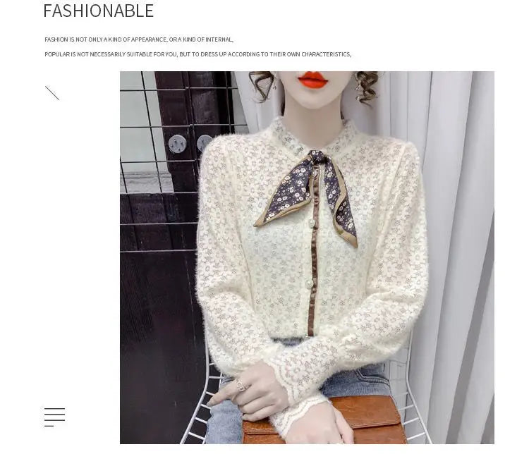 Chemise en velours pour femmes, automne hiver, écharpe à manches longues, collier, chemise en dentelle imprimée, haut à manches bouffantes intérieures en maille à la mode