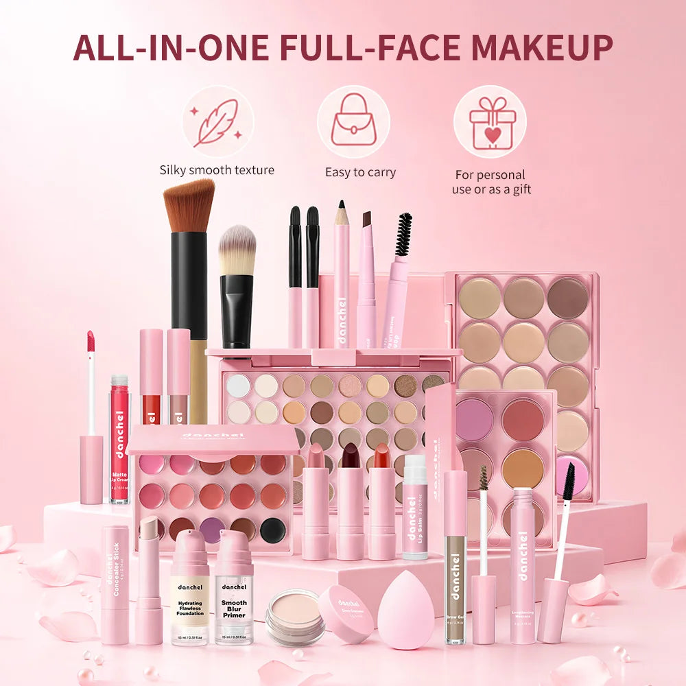 Ensemble de maquillage tout-en-un comprenant tous les cosmétiques, y compris le maquillage de base, le correcteur, le contour, le blush en poudre, le maquillage des sourcils, des yeux et des lèvres