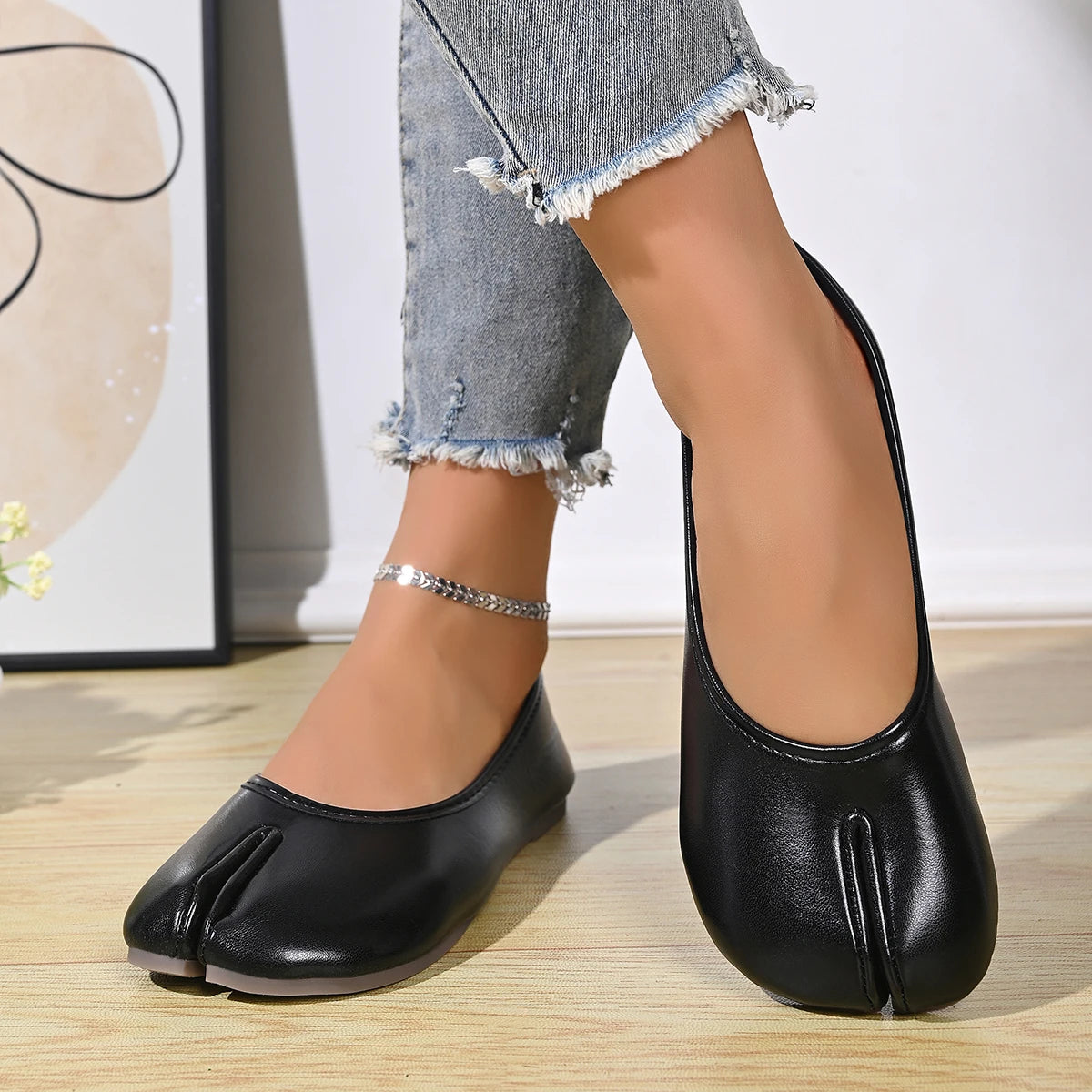 Chaussures Tabi en cuir PU tendance pour femmes, fabriquées à la main, chaussures plates de haute qualité, design de luxe, mules à bout fendu.